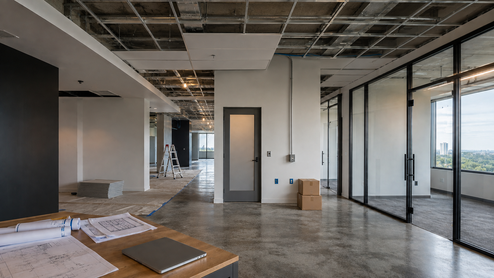 Modern commercial office buildout under construction with coordinated technology pathways, project drawings, and staged materials