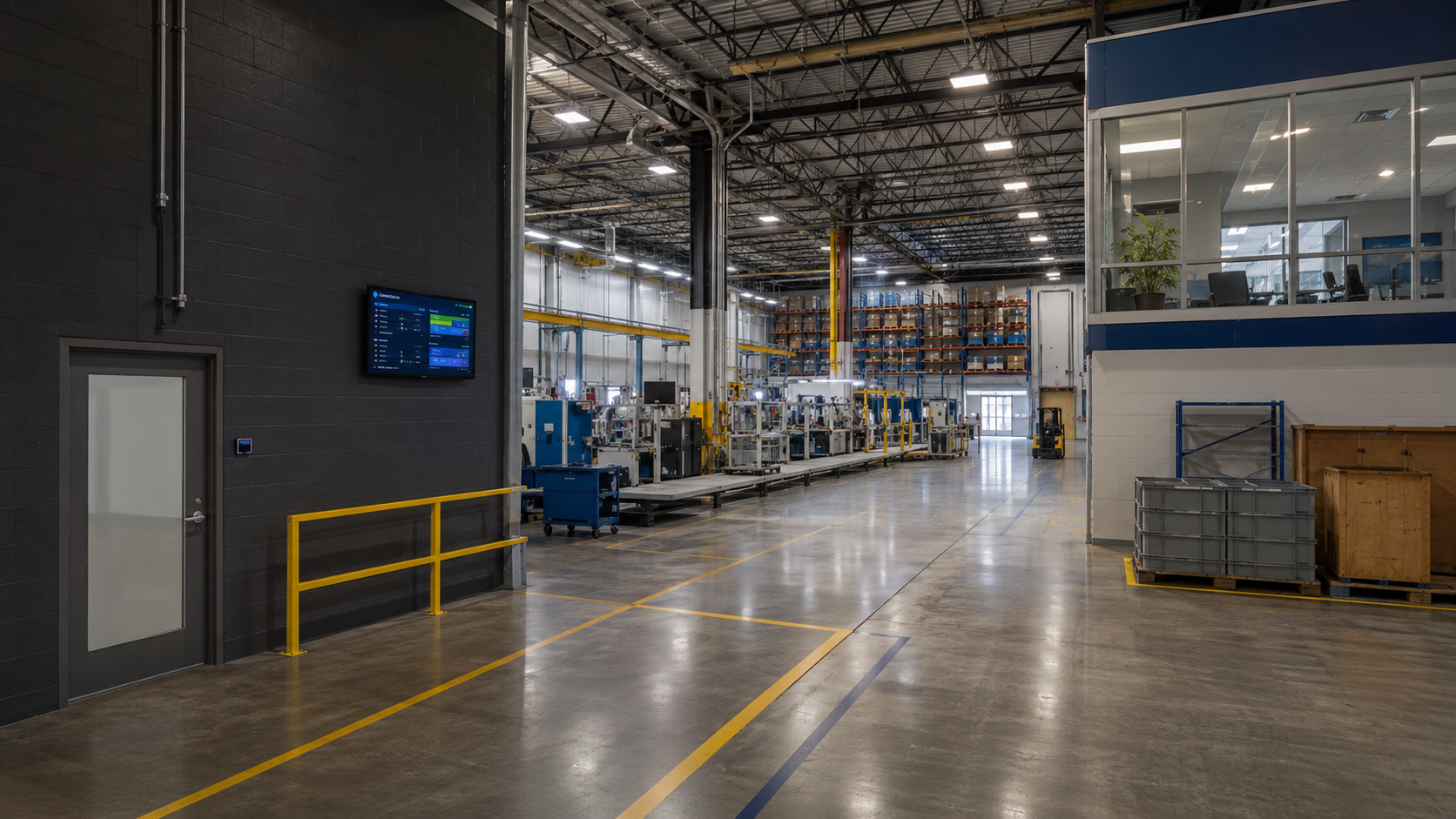Connected modern manufacturing facility with production, warehouse, and operations environments
