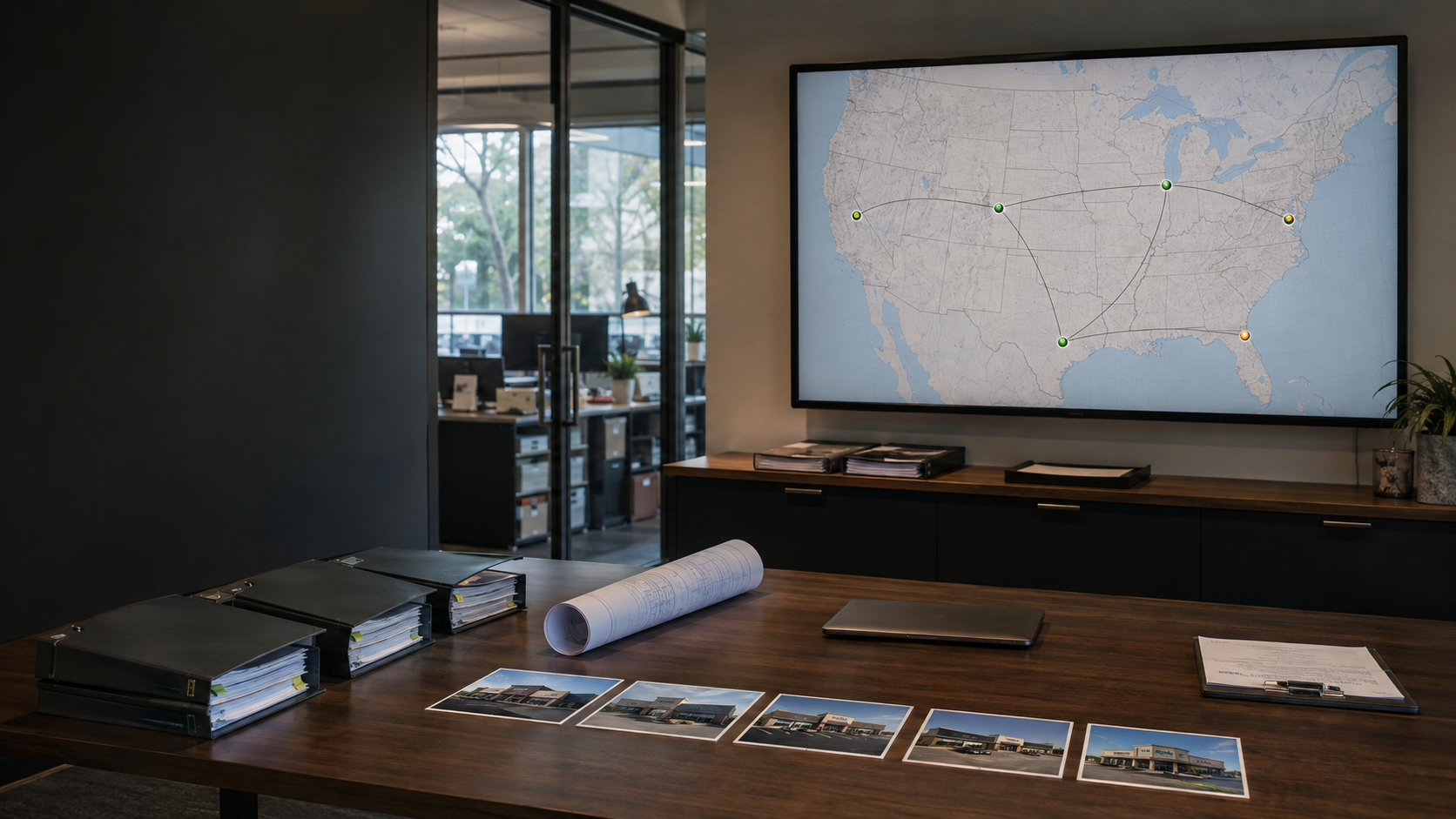 Centralized multi-location rollout planning room with a national site map, standardized project files, and location records